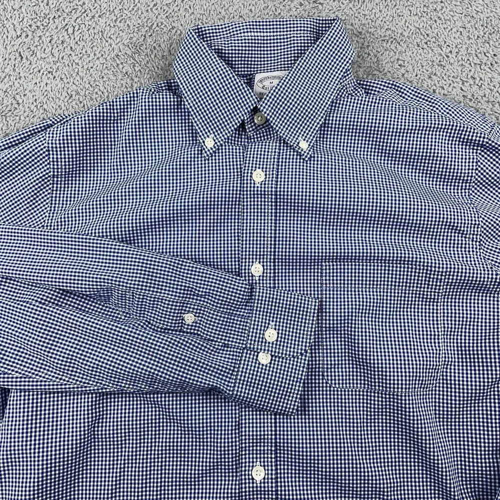 Brooks Brothers Shirt Mens Medium Blue Check Regent Fit Stretch Button Down
